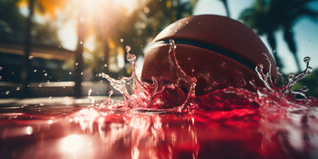 Generative AI, Basketball ball on the court with water splash and sunlight, closeup photoの素材