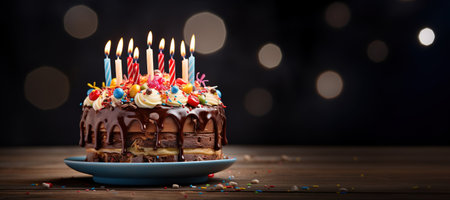 Generative AI, Birthday beautiful cake with fruit and candles, banner for congratulationsの素材