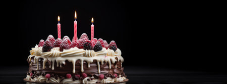 Generative AI, Birthday beautiful cake with fruit and candles, banner for congratulationsの素材