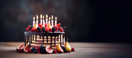 Generative AI, Birthday beautiful cake with fruit and candles, banner for congratulationsの素材