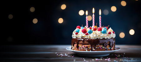 Generative AI, Birthday beautiful cake with fruit and candles, banner for congratulationsの素材