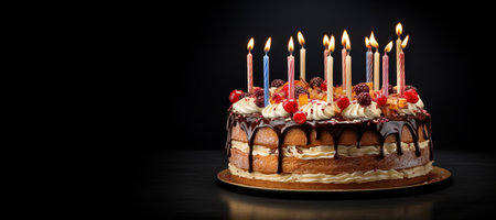 Generative AI, Birthday beautiful cake with fruit and candles, banner for congratulationsの素材
