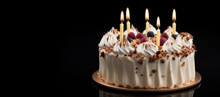 Generative AI, Birthday beautiful cake with fruit and candles, banner for congratulationsの素材