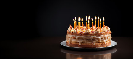 Generative AI, Birthday beautiful cake with fruit and candles, banner for congratulationsの素材
