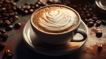 Generative AI, hot cappuccino with latte art on wooden table with coffee beansの素材