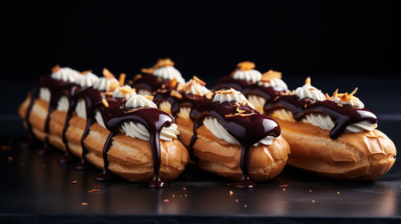 Generative AI, Chocolate eclairs side view, sweet food. Traditional French dessertの素材