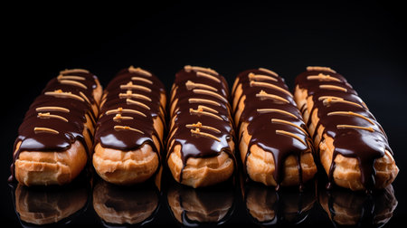Generative AI, Chocolate eclairs side view, sweet food. Traditional French dessertの素材