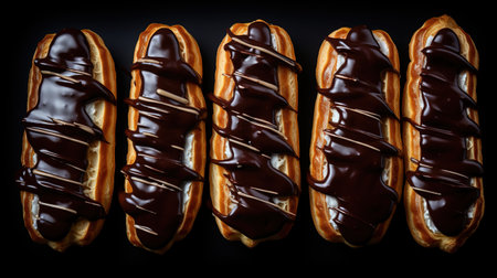 Generative AI, Assortment of eclairs, top view, sweet food. Traditional French dessertの素材