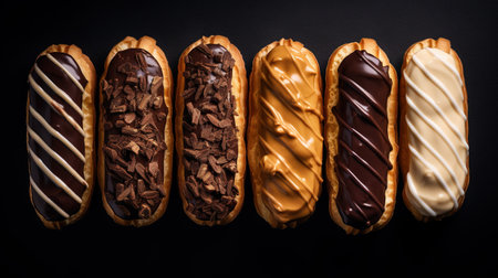 Generative AI, Assortment of eclairs, top view, sweet food. Traditional French dessertの素材