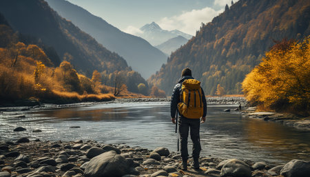 Generative AI, backpacker in autumn landscape, traveler man tourist with backpack hiking in mountainsの素材
