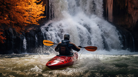 Generative AI, kayak raft river waterfall, extreme sport concept, whitewater kayakingの素材