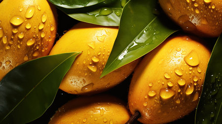 Generative AI, closeup fresh mango fruit background. Tropical exotic closeup photo with water drops.の素材