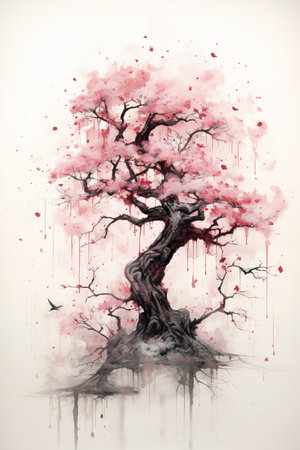 Generative AI, Beautiful japanese sakura tree, watercolor painting, vintage asian posterの素材