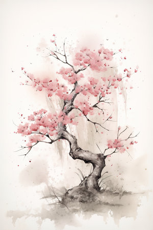 Generative AI, Beautiful japanese sakura tree, watercolor painting, vintage asian posterの素材