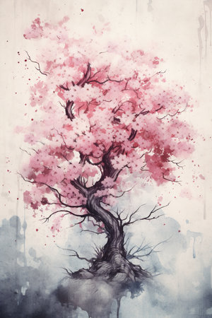 Generative AI, Beautiful japanese sakura tree, watercolor painting, vintage asian posterの素材