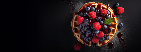 Generative AI, Assorted Belgian waffles with fruit and syrup, sweet baked dessertの素材