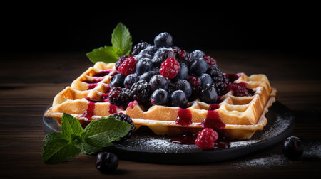 Generative AI, Assorted Belgian waffles with fruit and syrup, sweet baked dessertの素材