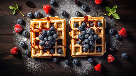 Generative AI, Assorted Belgian waffles with fruit and syrup, sweet baked dessertの素材