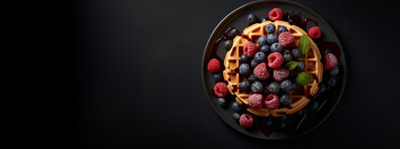Generative AI, Assorted Belgian waffles with fruit and syrup, sweet baked dessertの素材