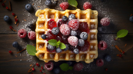 Generative AI, Assorted Belgian waffles with fruit and syrup, sweet baked dessertの素材