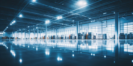 Generative AI, Warehouse interior with LED lighting, industry building, distribution retail center, part of storage and shipping system..の素材