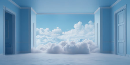 Generative AI, White blue fantastic 3d clouds in the room interior, sky and landscape. Gentle colors and with bright lights..の素材