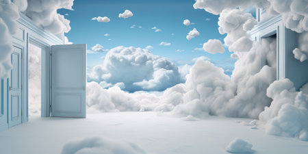 Generative AI, White blue fantastic 3d clouds in the room interior, sky and landscape. Gentle colors and with bright lights..の素材