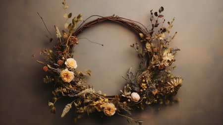 Generative AI, Stylish autumn rustic wreath close up, aesthetic muted colorsの素材