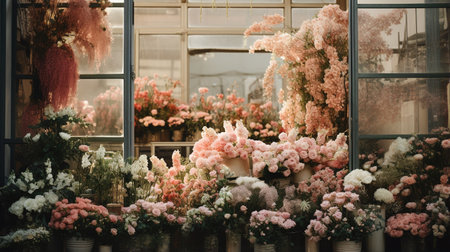 Generative AI, street floral shop with colorful flowers, aesthetic muted colorsの素材