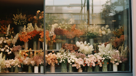 Generative AI, street floral shop with colorful flowers, aesthetic muted colorsの素材
