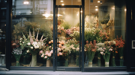 Generative AI, street floral shop with colorful flowers, aesthetic muted colorsの素材