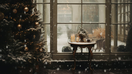 Generative AI, Garden in winter and Christmas home decoration, muted colors, holiday photorealistic aesthetic backgroundの素材