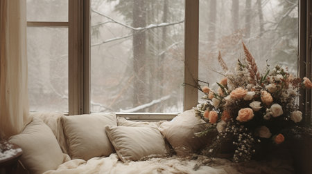 Generative AI, Garden in winter and Christmas home decoration, muted colors, holiday photorealistic aesthetic backgroundの素材