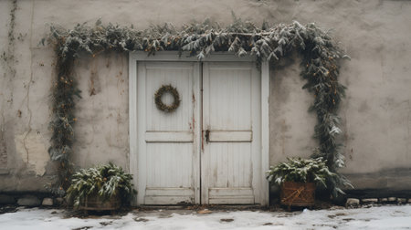 Generative AI, House front in the winter with Christmas decoration, wreath and garland. Snow cozy seasonの素材