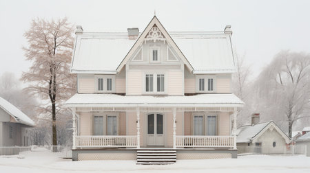 Generative AI, House front in the winter with Christmas decoration, wreath and garland. Snow cozy seasonの素材