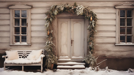 Generative AI, House front in the winter with Christmas decoration, wreath and garland. Snow cozy seasonの素材