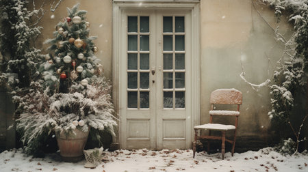 Generative AI, House front in the winter with Christmas decoration, wreath and garland. Snow cozy seasonの素材