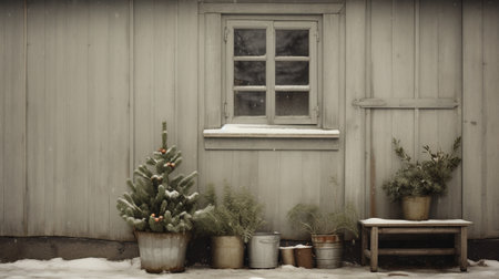 Generative AI, House front in the winter with Christmas decoration, wreath and garland. Snow cozy seasonの素材