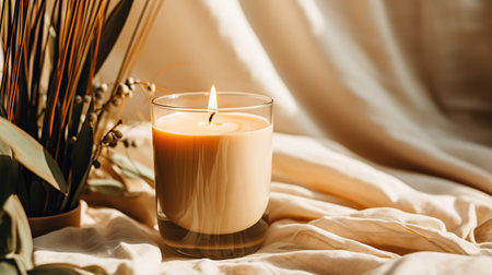 Generative AI, burning candle on beige background. Aesthetic muted composition dry flowers, textile. Home interior, comfort, spa, relax and wellness concept.の素材