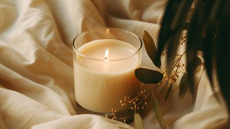 Generative AI, burning candle on beige background. Aesthetic muted composition dry flowers, textile. Home interior, comfort, spa, relax and wellness concept.の素材