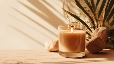 Generative AI, burning candle on beige background. Aesthetic muted composition dry flowers, textile. Home interior, comfort, spa, relax and wellness concept.の素材