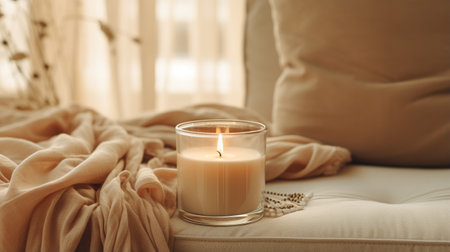 Generative AI, burning candle on beige background. Aesthetic muted composition dry flowers, textile. Home interior, comfort, spa, relax and wellness concept.の素材