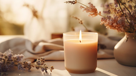 Generative AI, burning candle on beige background. Aesthetic muted composition dry flowers, textile. Home interior, comfort, spa, relax and wellness concept.の素材