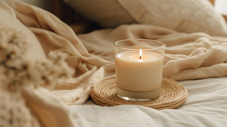 Generative AI, burning candle on beige background. Aesthetic muted composition dry flowers, textile. Home interior, comfort, spa, relax and wellness concept.の素材