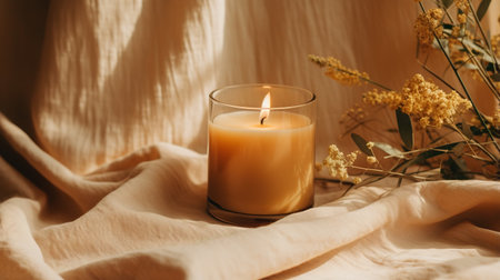 Generative AI, burning candle on beige background. Aesthetic muted composition dry flowers, textile. Home interior, comfort, spa, relax and wellness concept.の素材