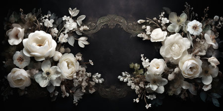 Generative AI, vintage frame with white flowers, futuristic victorian, black backgroundの素材