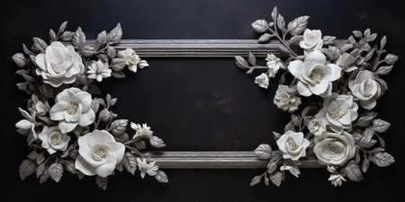 Generative AI, vintage frame with white flowers, futuristic victorian, black backgroundの素材