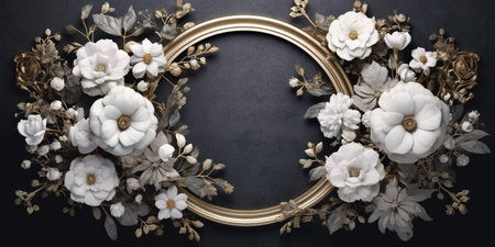 Generative AI, vintage frame with white flowers, futuristic victorian, black backgroundの素材