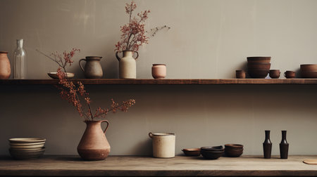 Generative AI, kitchen interior, minimalistic japanese wabi sabi style, muted natural neutral colorsの素材