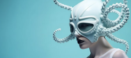 Generative AI, Woman in plastic blue octopus like mask, high tech futurism, minimalist beautyの素材